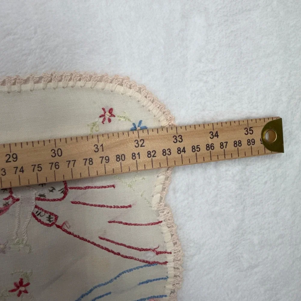 Vintage 35x10 Dresser Runner Hand Embroidered Floral Figures Cream Crochet Trim
